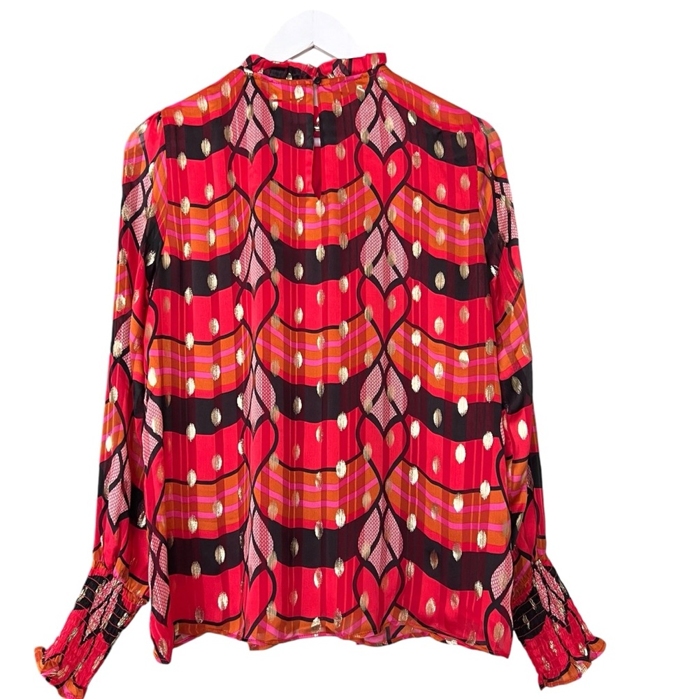 New JOIE Multicolored Ruffle Mandarin Collar Puff Sleeve Blouse Gold Accent Sz M - Picture 7 of 12